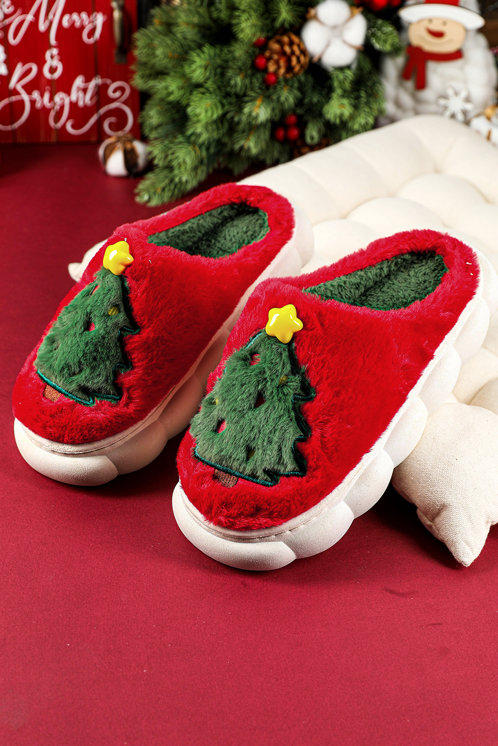 Fiery Red Christmas Tree Graphic Thick Sole Plush Slippers - loveforevers