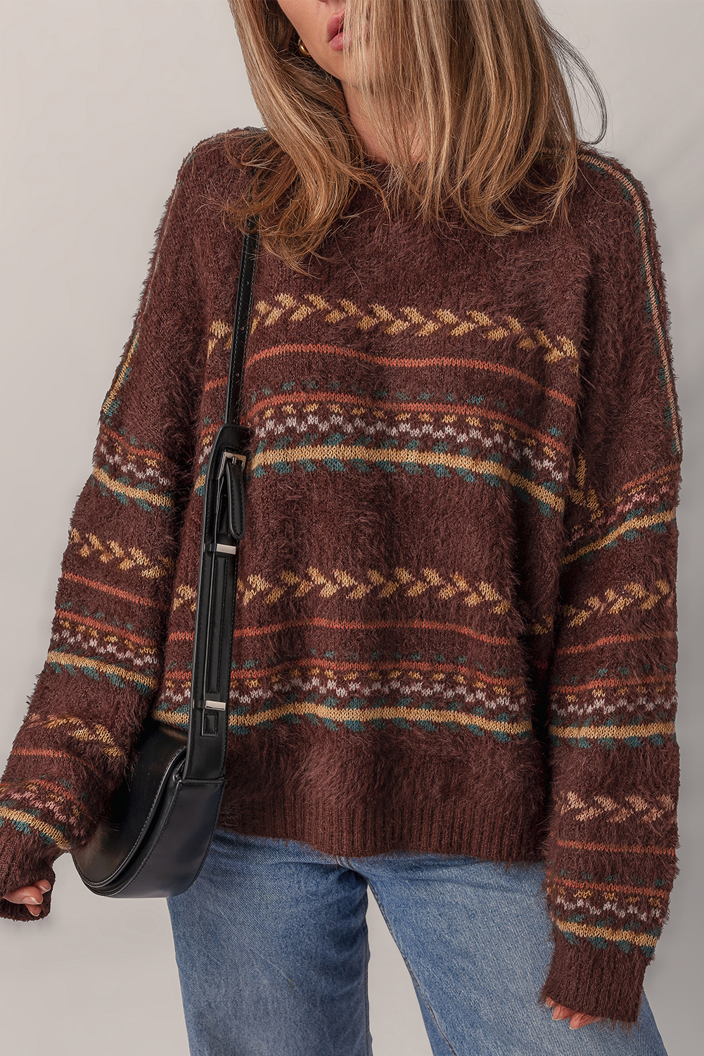 Brown Ethnic Pattern Mohair Knitted Drop Shoulder Sweater - loveforevers