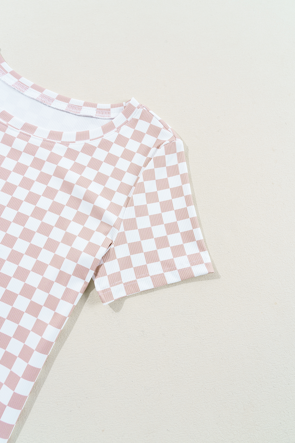 Pink Checkered Ribbed Slim Fit Crew Neck T Shirt - loveforevers