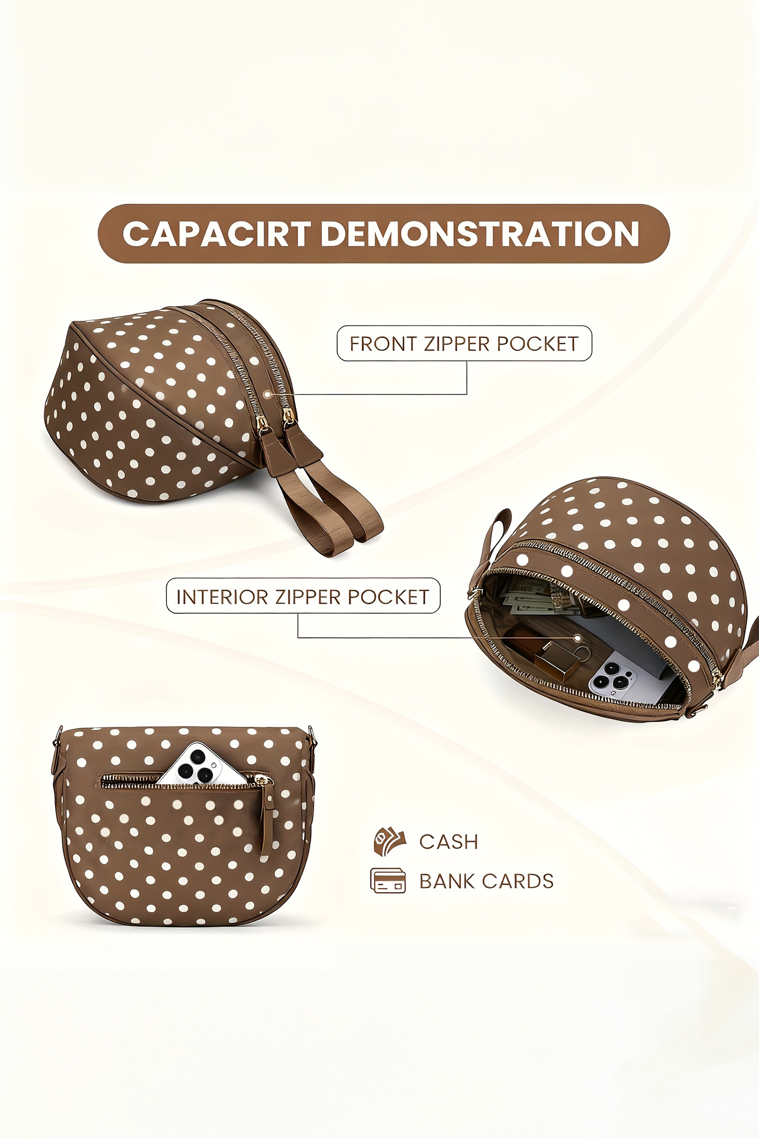 Camel Polka Dot Print Gold Chain Strap Double Zipper Crossbody Bag - loveforevers