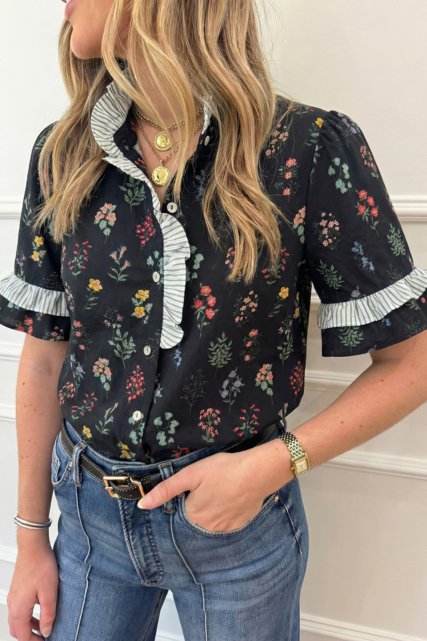 Black Contrast Frilled Trim Short Sleeve Floral Shirt - loveforevers