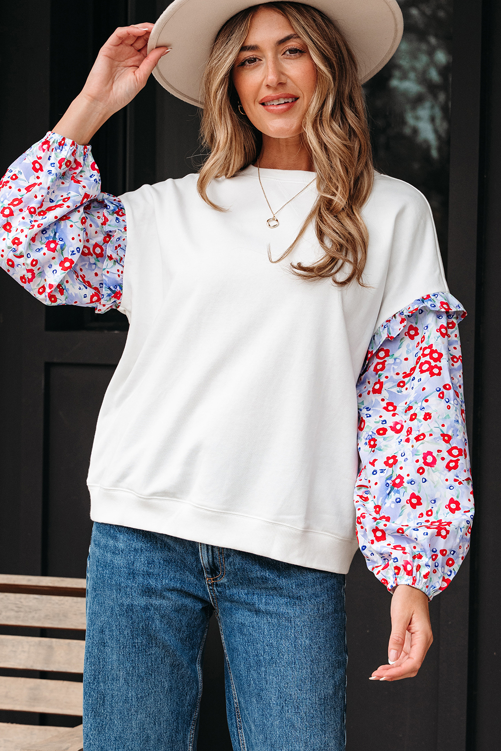 White Floral Ruffled Balloon Sleeve Patchwork Loose Blouse - loveforevers