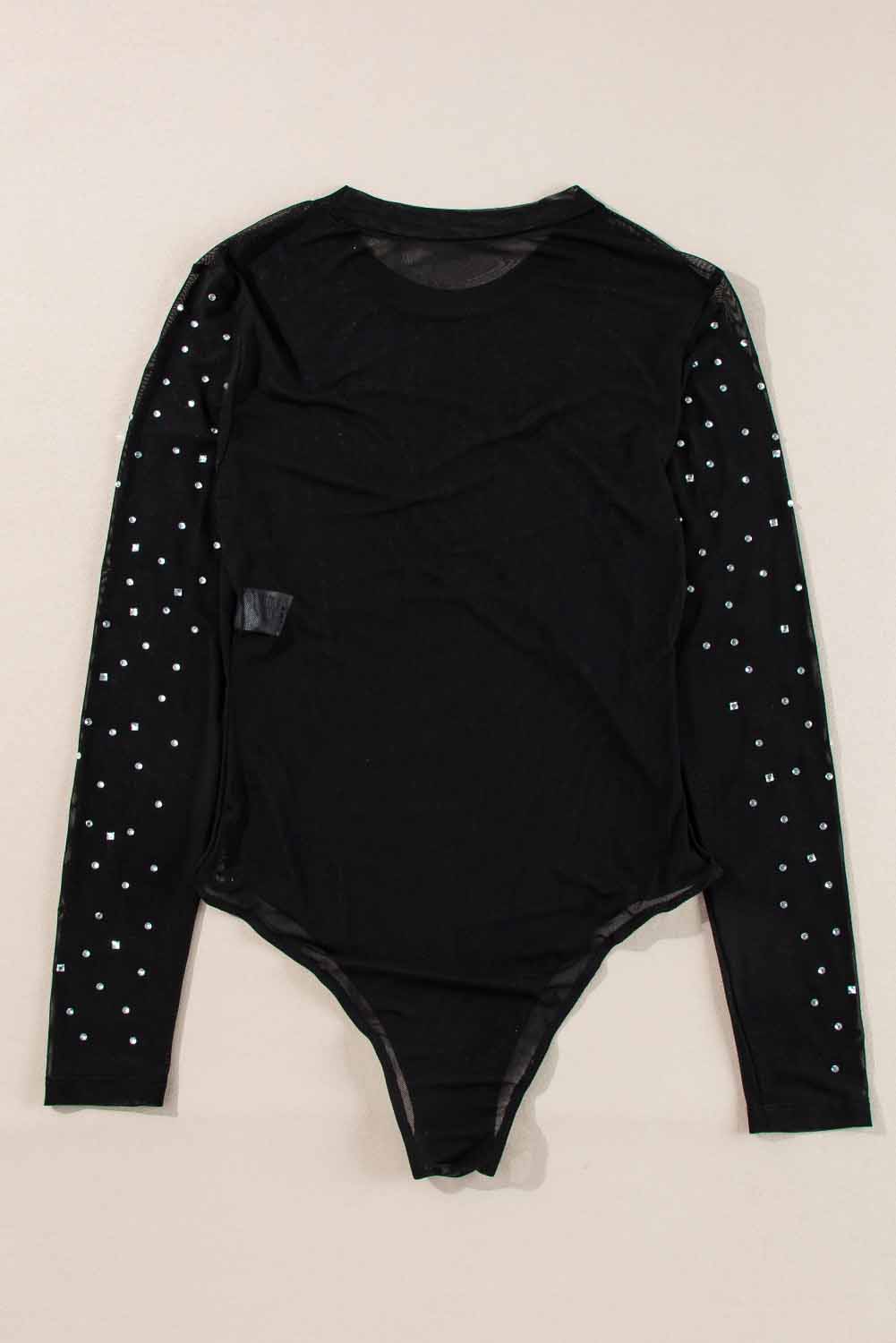 Black Rhinestone Sheer Mesh Long Sleeve Bodysuit - loveforevers