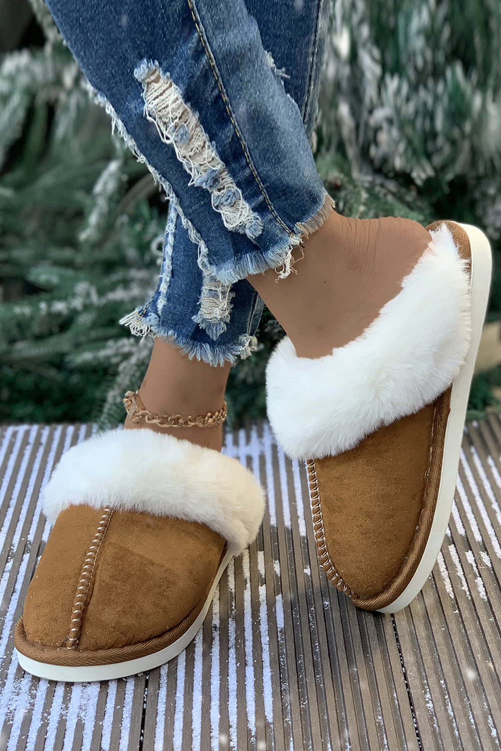 Khaki Cut and Sew Faux Suede Plush Lined Slippers - loveforevers