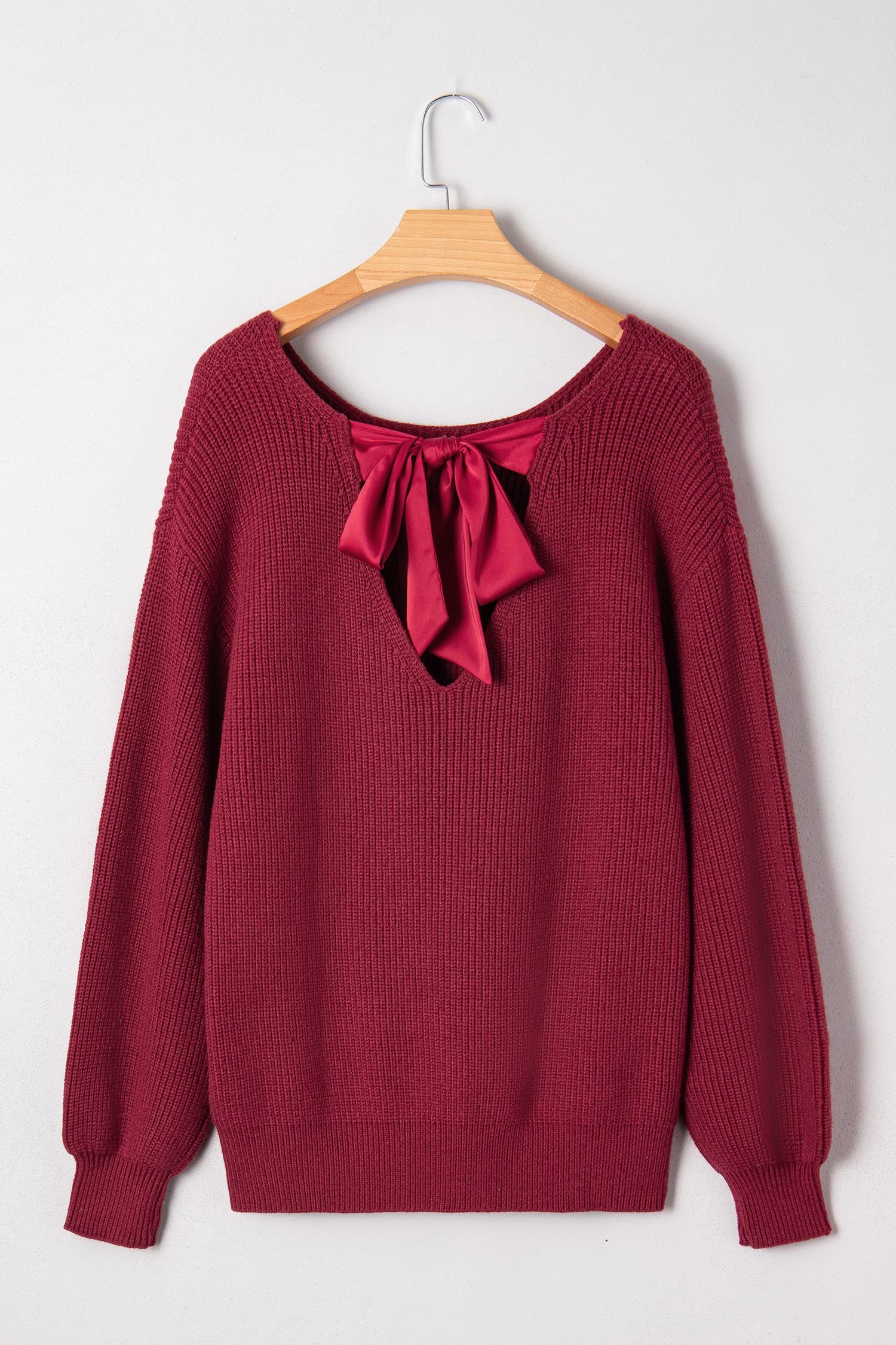Black Ribbed Knit Ribbon Knot Backless Drop Shoulder Sweater - loveforevers