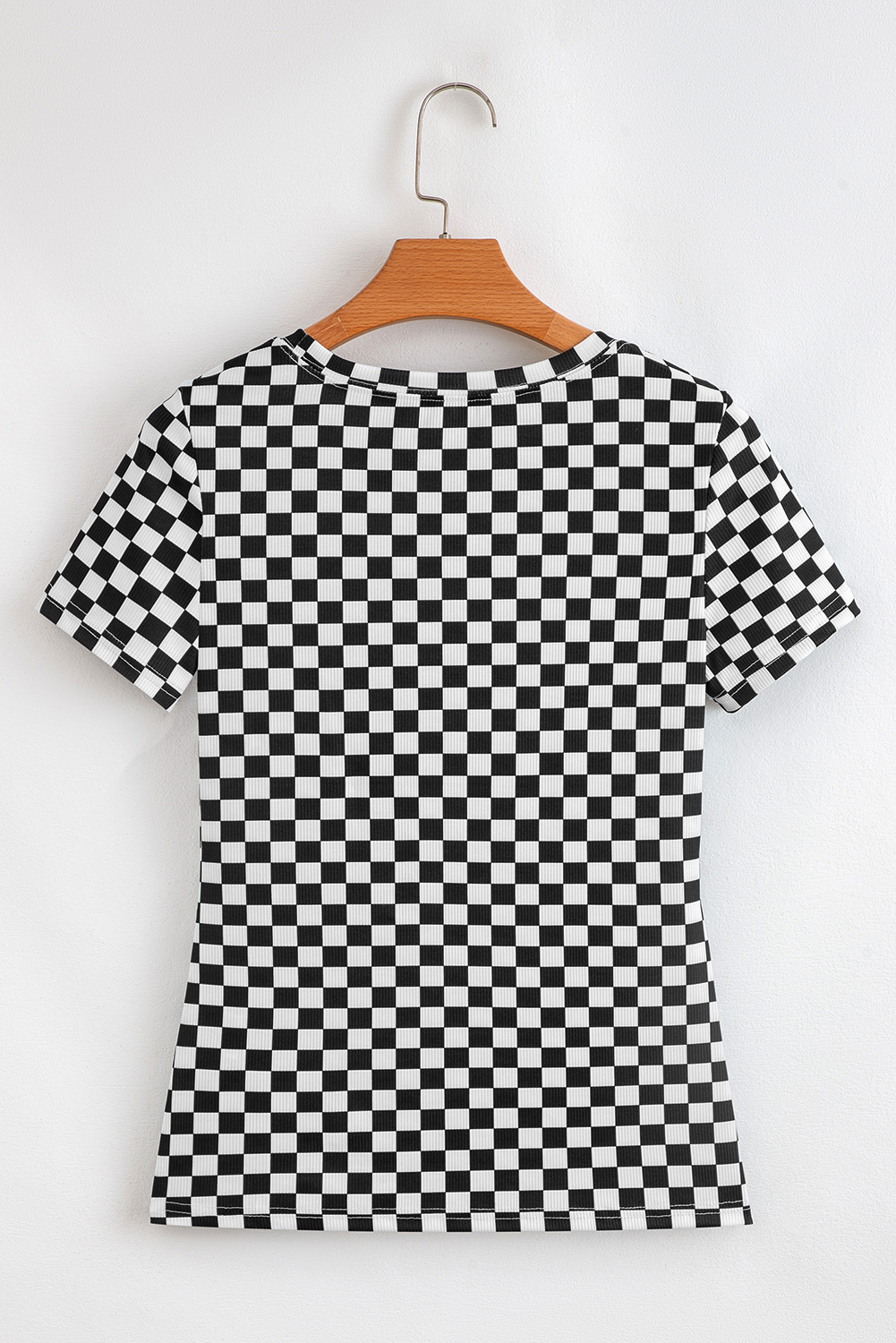Pink Checkered Ribbed Slim Fit Crew Neck T Shirt - loveforevers