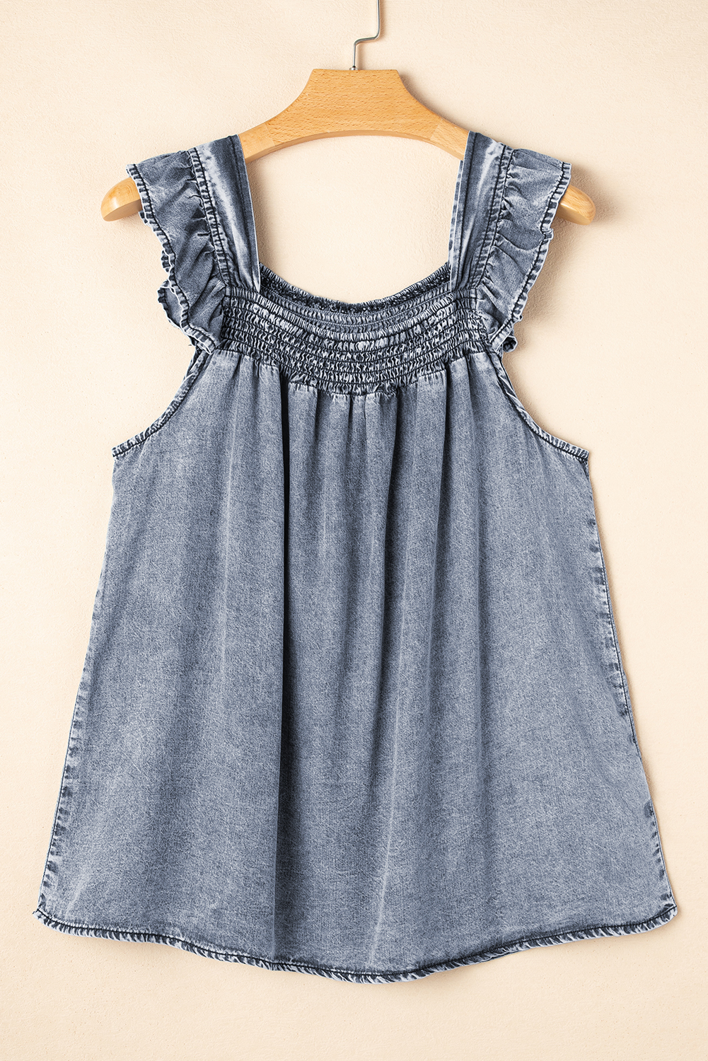 Ashleigh Blue Ruffled Shirred Neckline Sleeveless Denim Tank Top - loveforevers
