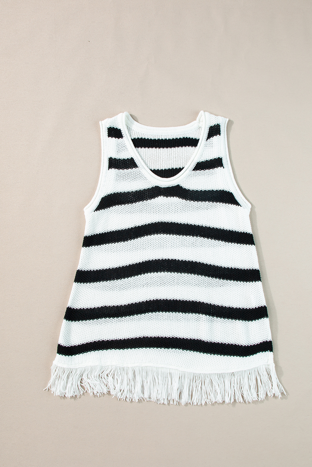 Beige Stripe Loose Knit Fringe Tank Top - loveforevers