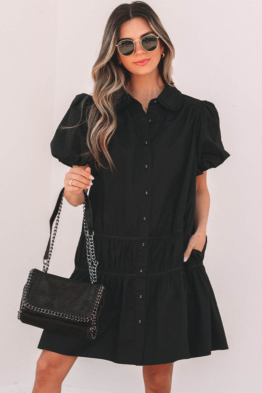 Black Shirt Style Button Down Puff Sleeve Ruffle Hem Dress - loveforevers