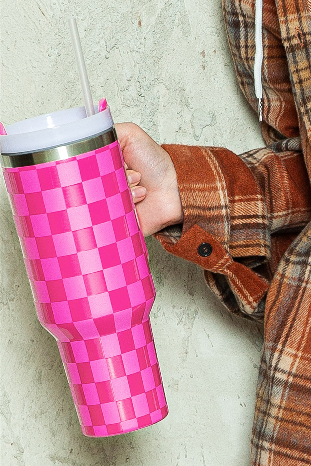 Bright Pink Checkered Print Handled Stainless Steel Tumbler Cup 40oz - loveforevers