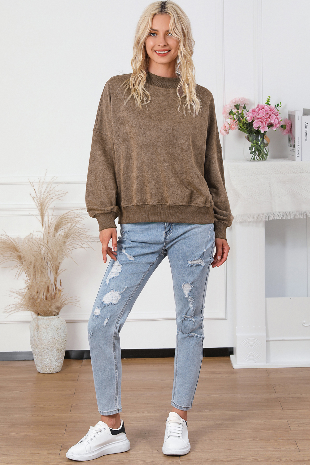 Brown Drop Shoulder Crew Neck Pullover Sweatshirt - loveforevers