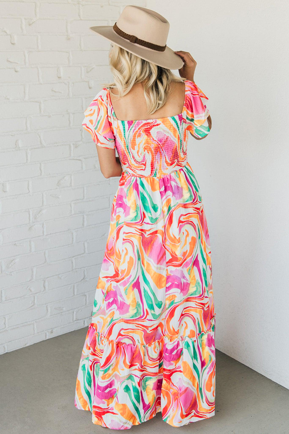 Pink Abstract Print Ruffled Sleeve Smocked Bust Maxi Dress - loveforevers