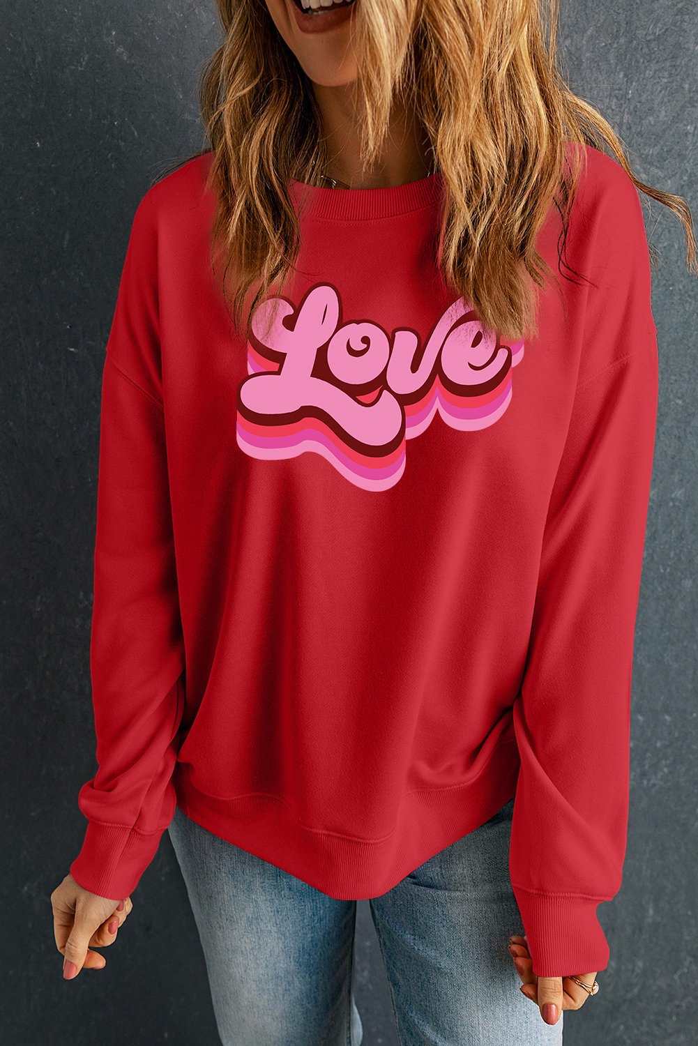 Red Love Printed Crewneck Valentines Pullover Sweatshirt - loveforevers