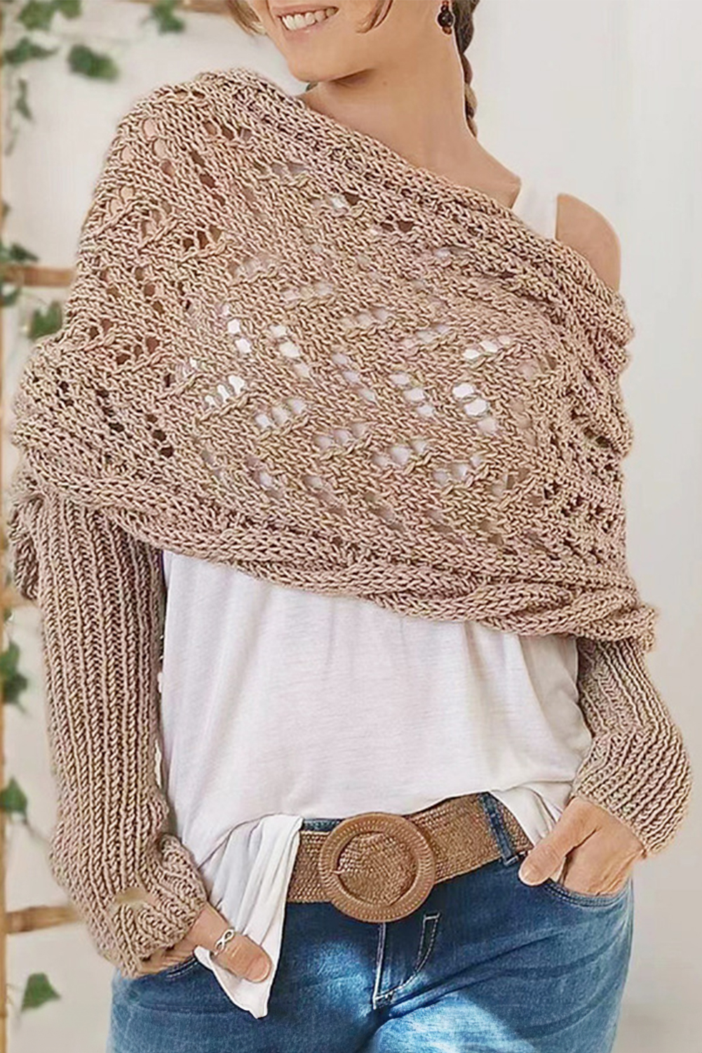 Gray Cross Detail Hollowed Knit Scarf with Sleeves - loveforevers