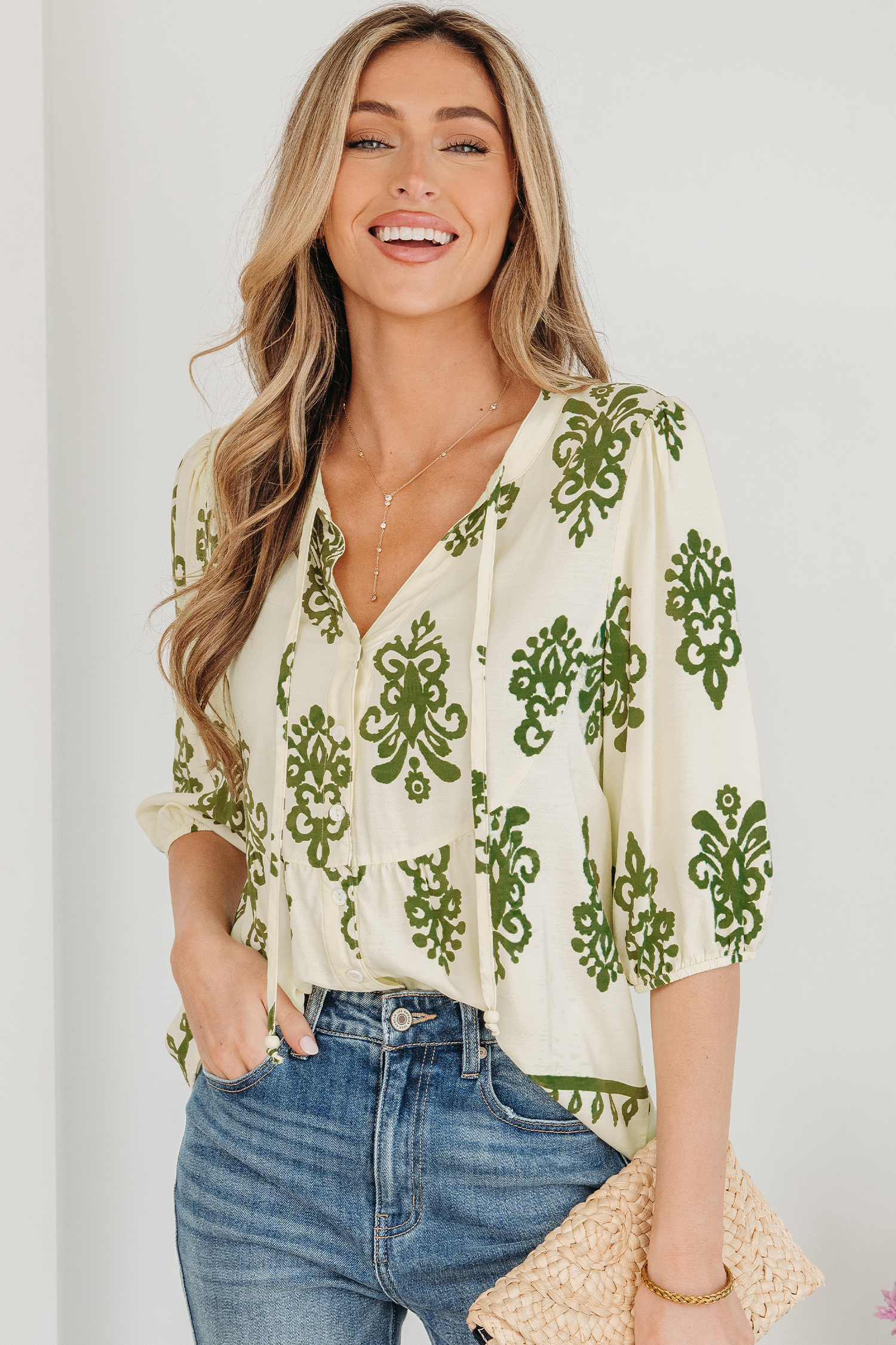 Apricot Floral Print Tie V Neck Button Down Puffy Half Sleeve Shirt - loveforevers