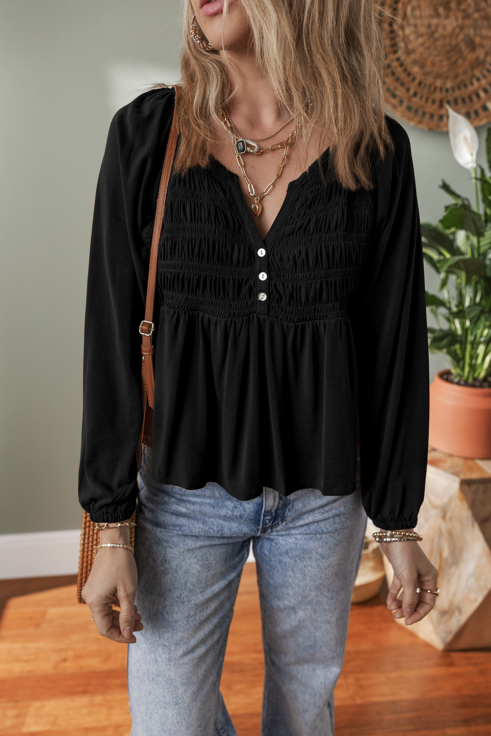 Black Smocked Bust Buttoned Split V Neck Flow Fit Blouse - loveforevers