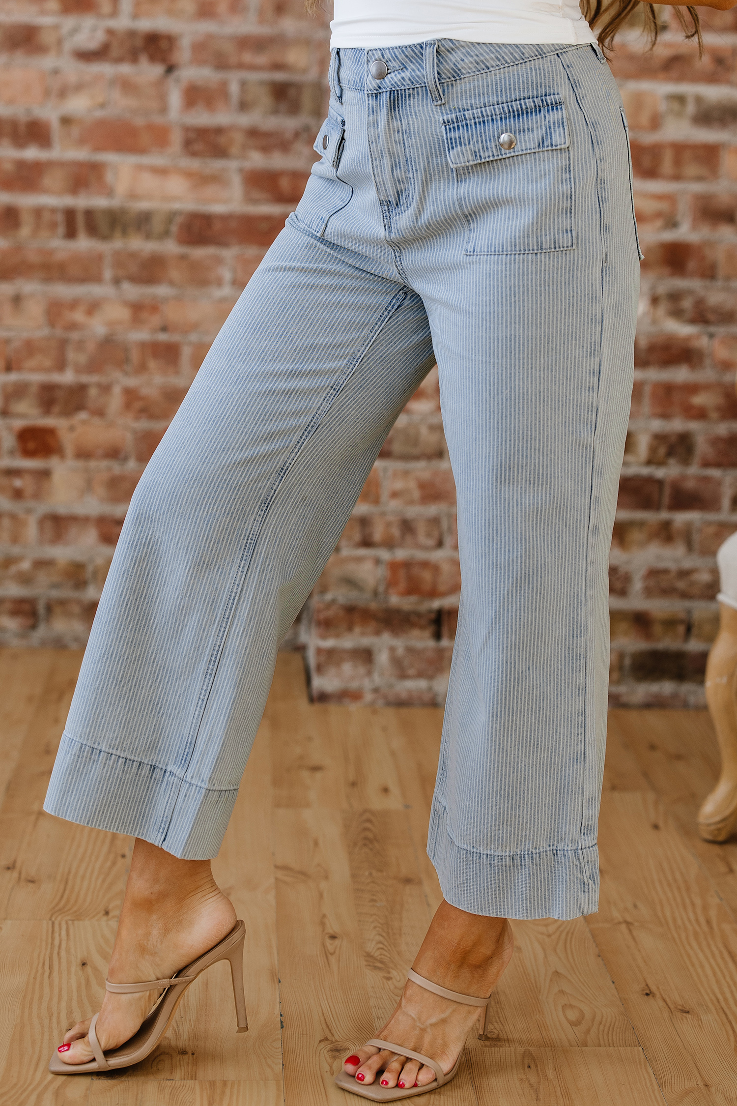 Sky Blue Stripe Button Flap Pocket Cuffed Hem Wide Leg Jeans - loveforevers