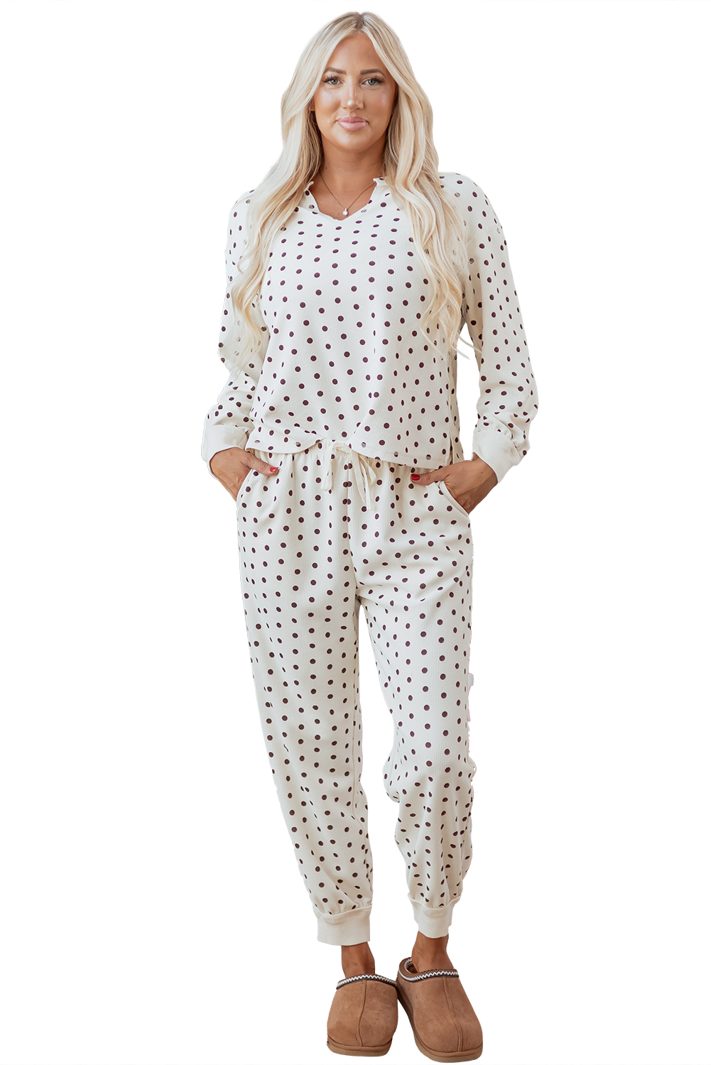 White Polka Dot Print Notched Neck Long Sleeve Top Drawstring Jogger Pants Waffle Knit Lounge Set - loveforevers