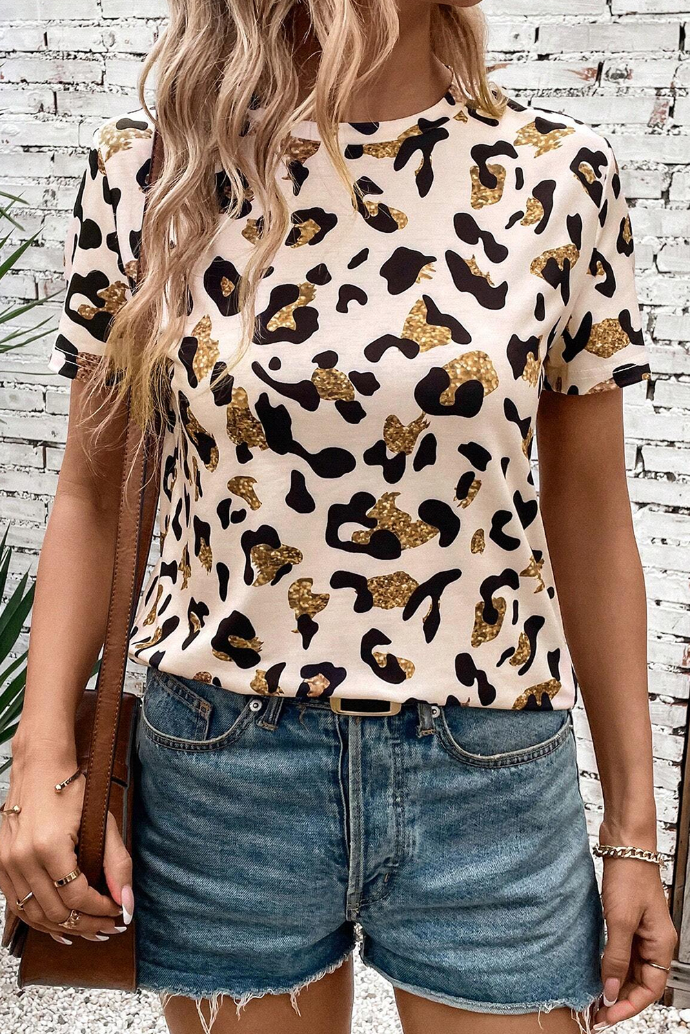 Apricot Leopard Print Round Neck Casual T Shirt - loveforevers