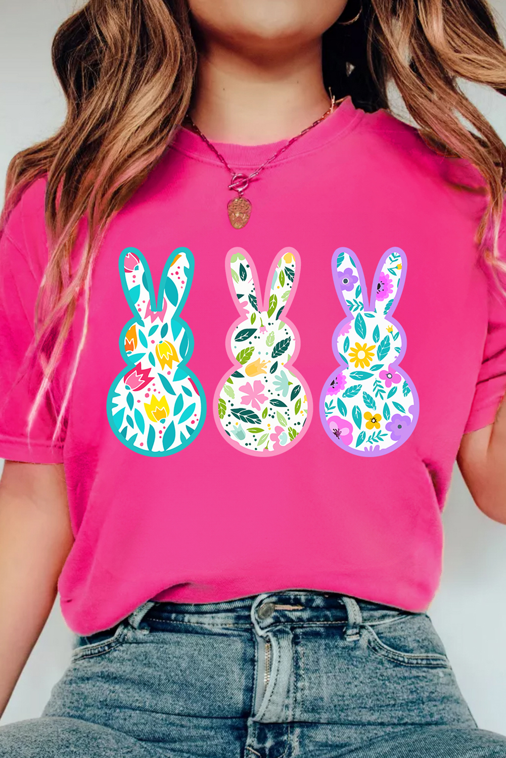 Rose Red Floral Easter Bunny Graphic Crew Neck Easter Tee - loveforevers