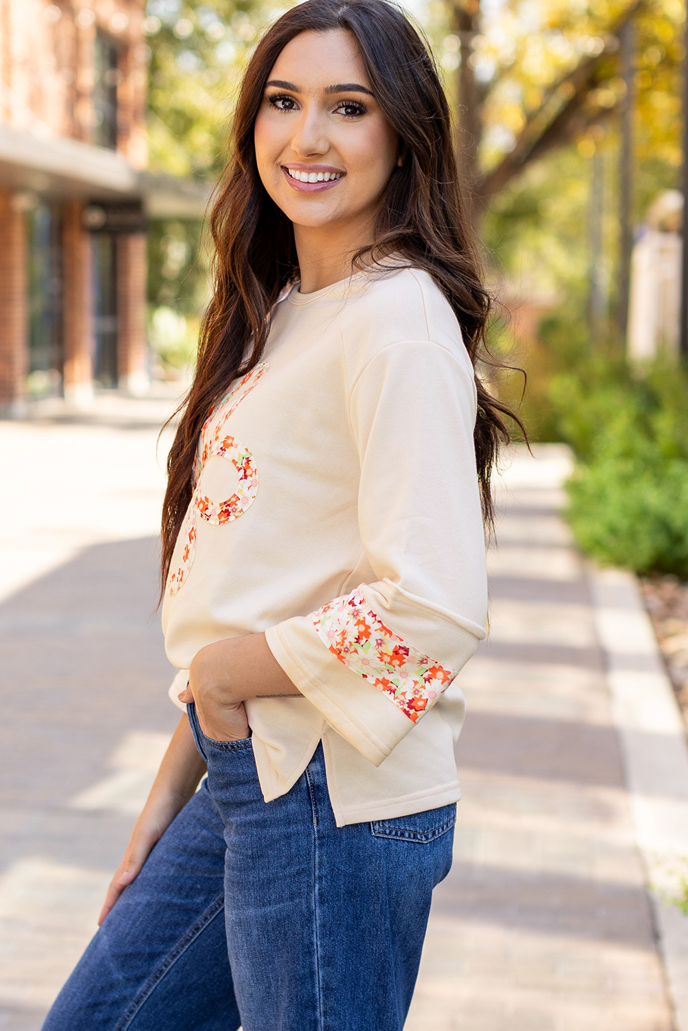 Beige Flower Patch Graphic Exposed Seam Wide Sleeve Top - loveforevers