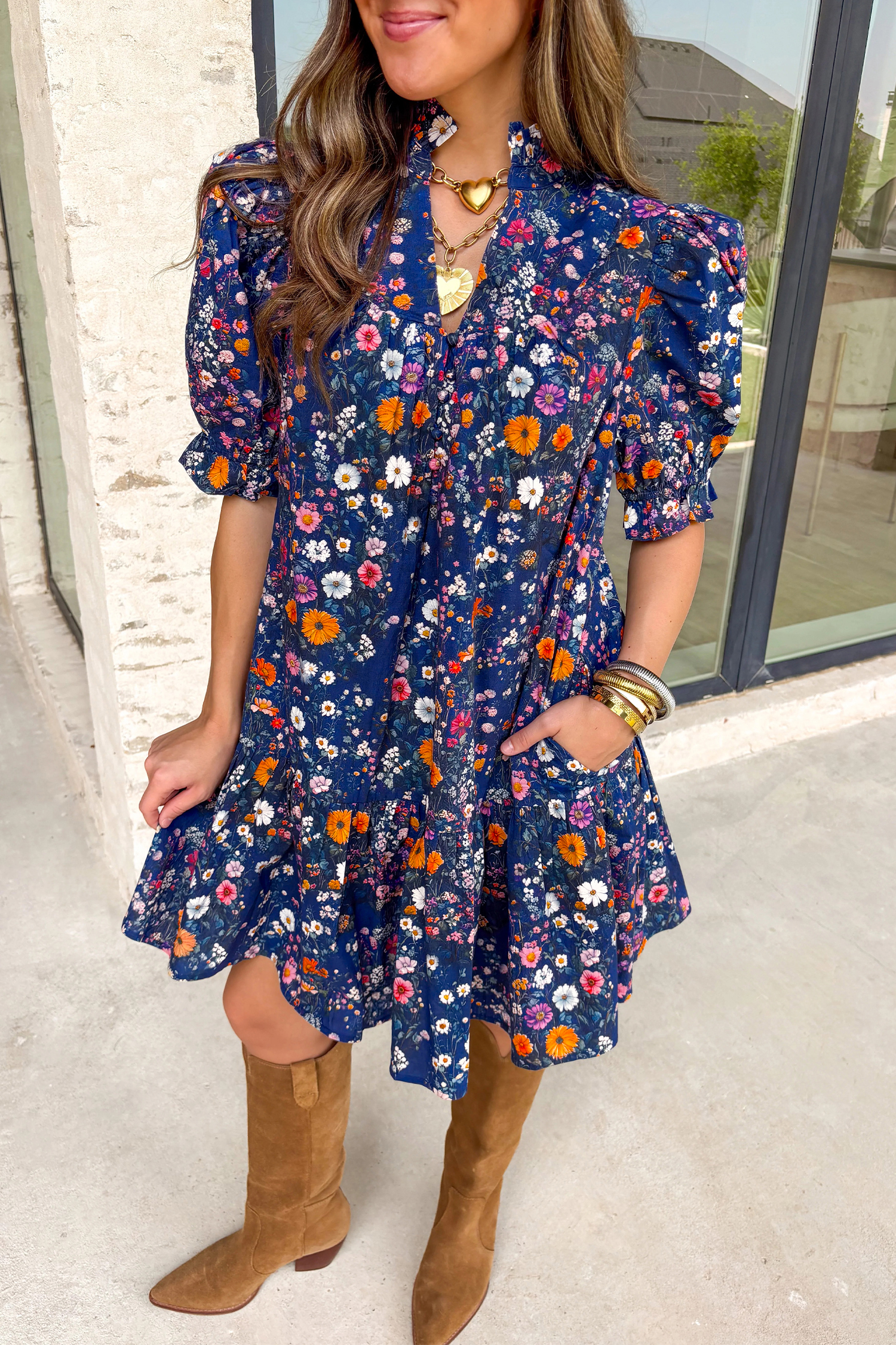 Blue Wild Daisy Floral Split Neck Short Puff Sleeve Mini Dress - loveforevers