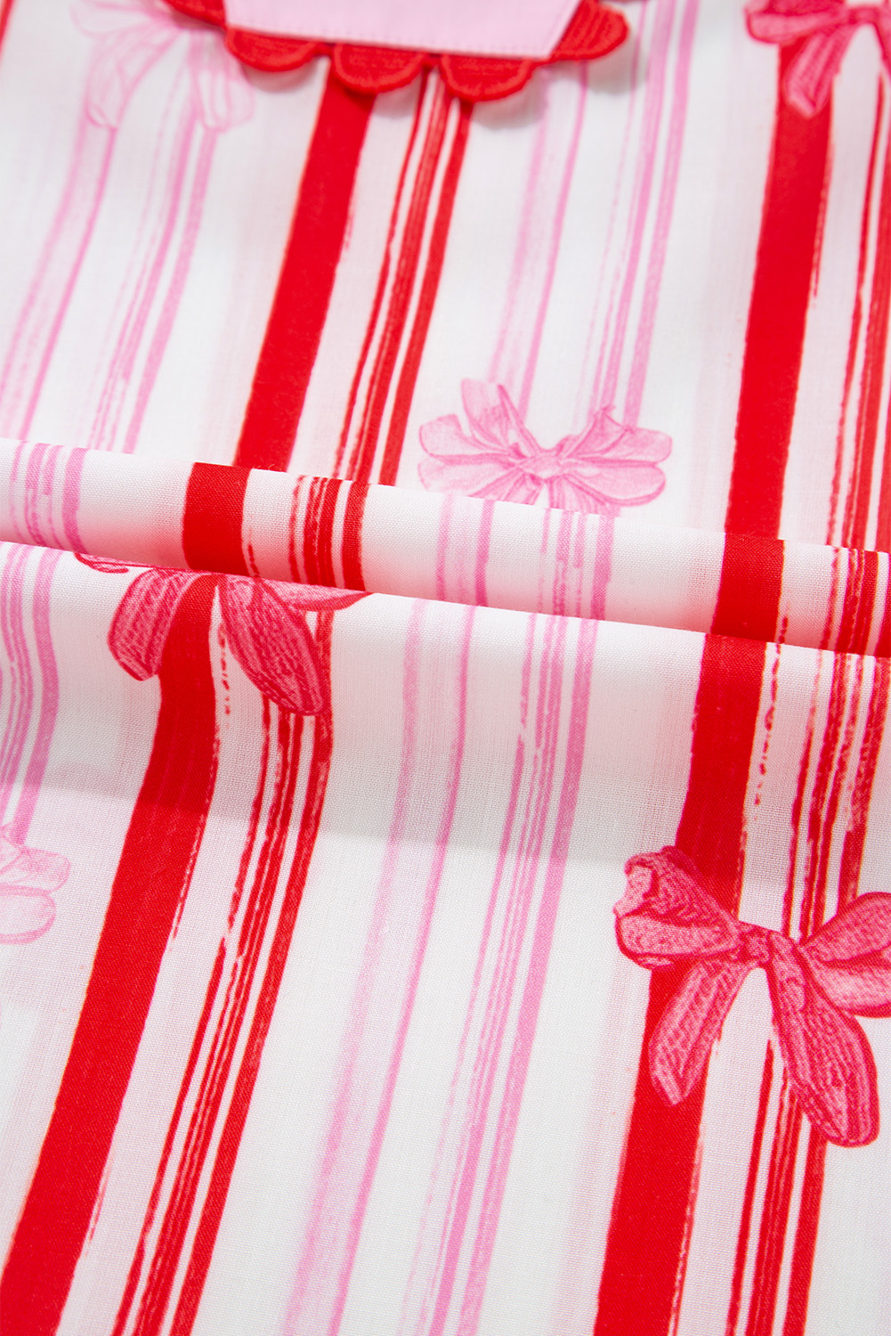 Pink Ric-rac Trim Ruffled Sleeve V Neck Bow Striped Printed Blouse - loveforevers