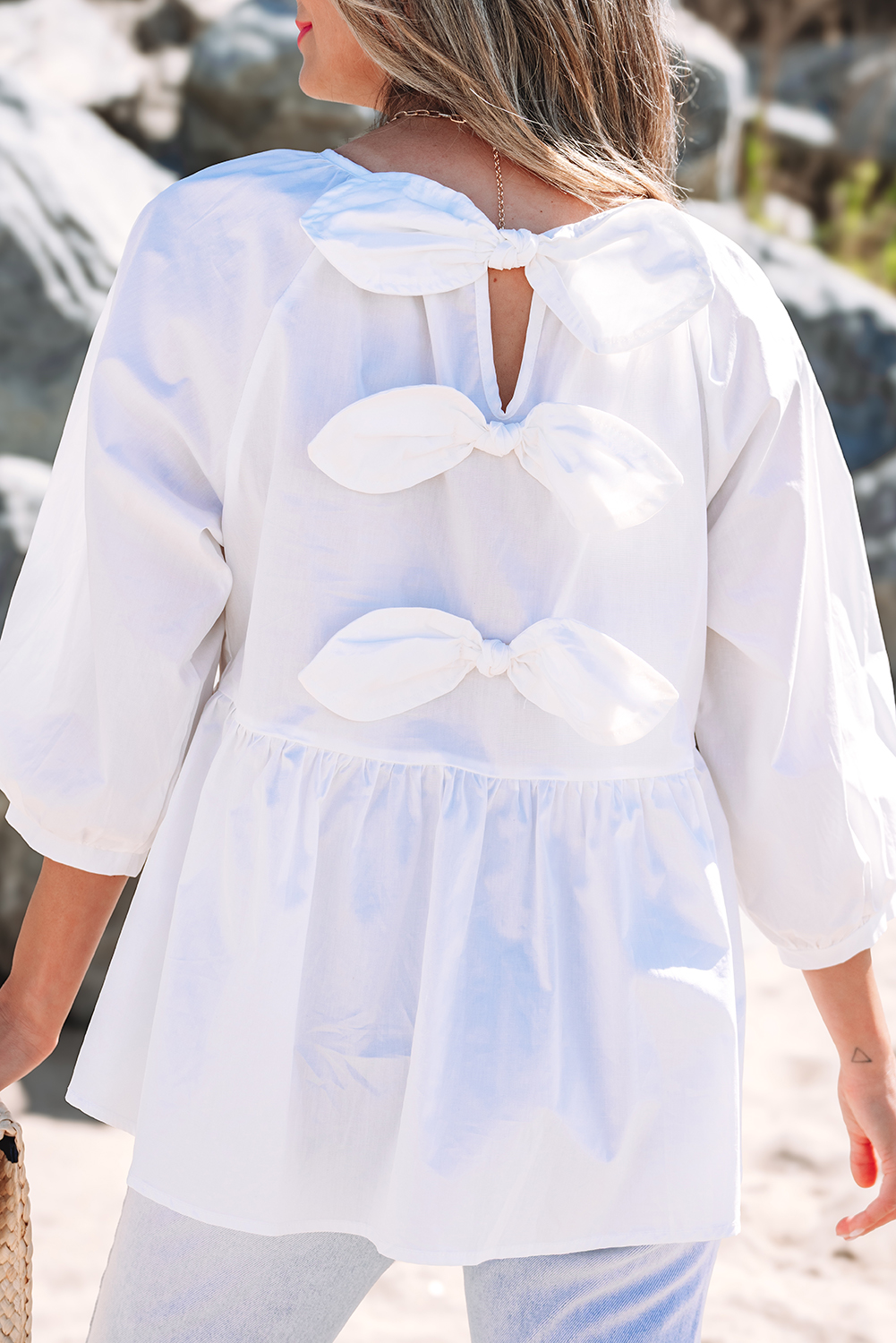 White Bow Knot Cutout Back Loose Fit 3/4 Sleeve Blouse - loveforevers