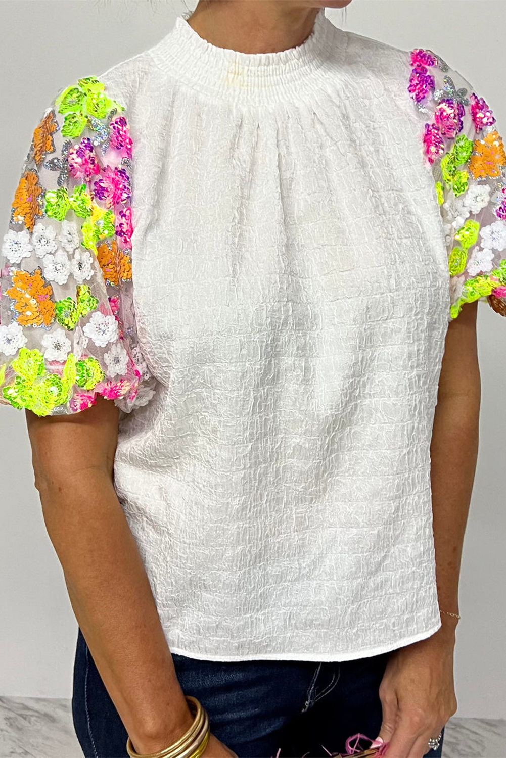 White Smocked Collar Sequin Flower Puff Sleeve Textured Top - loveforevers