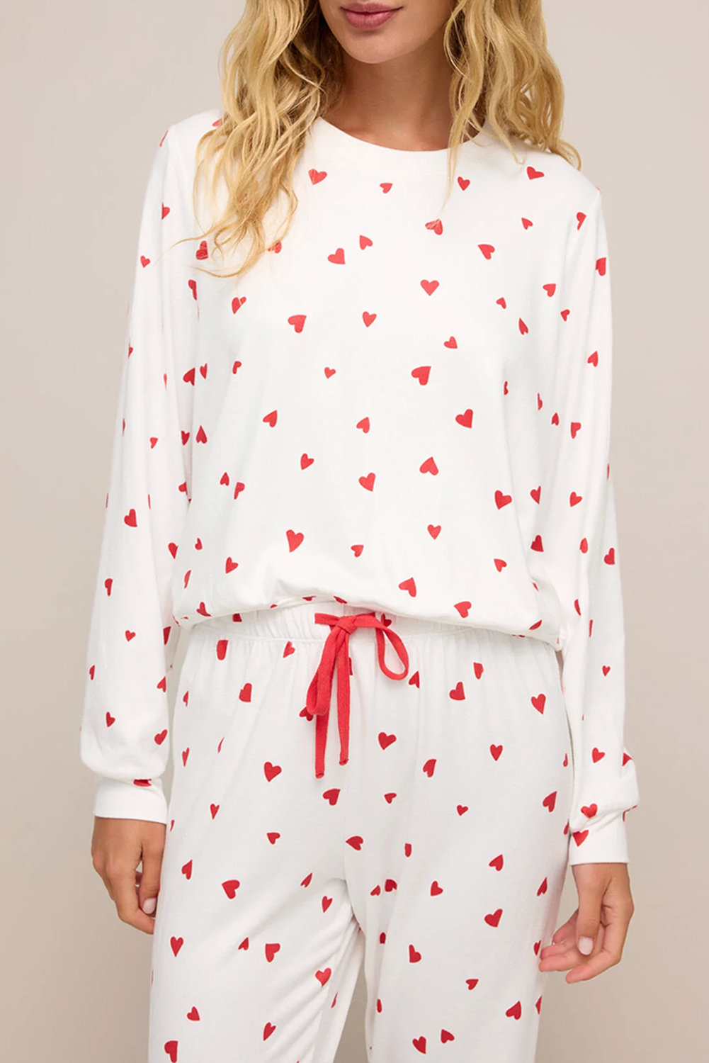 Fiery Red Tiny Hearts Printed Long Sleeve Top Drawstring Lounge Pant Set - loveforevers