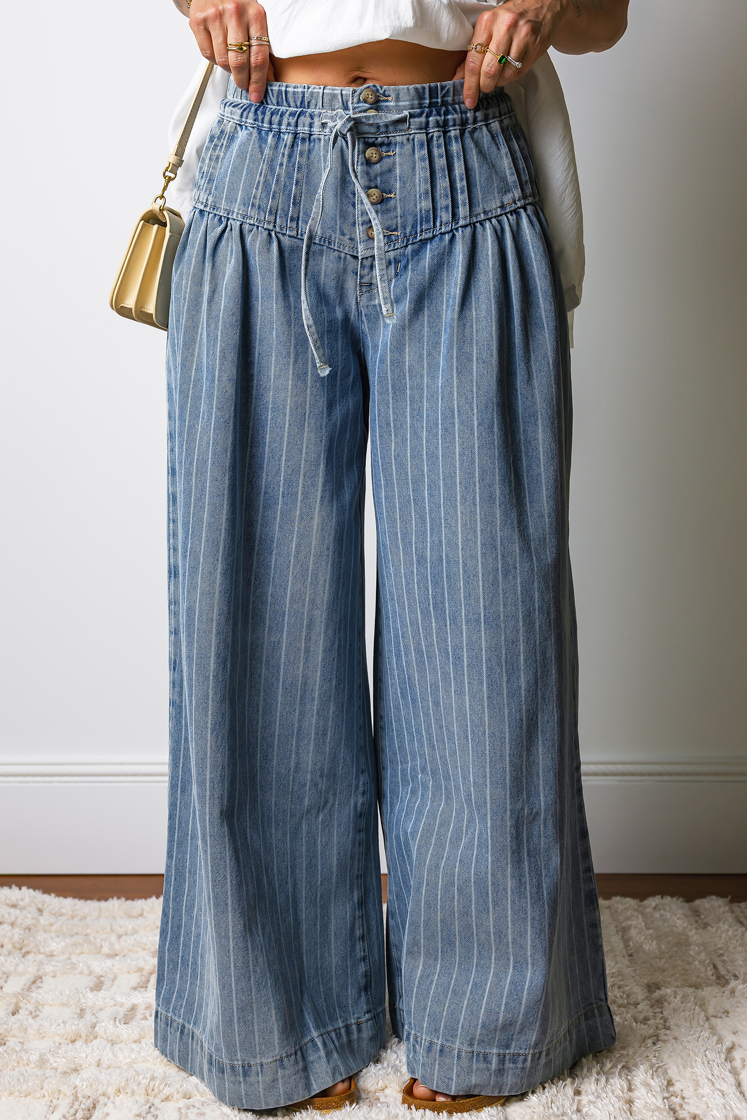 Sky Blue Stripe Button Pleated Drawstring Waist Casual Wide Leg Jeans - loveforevers
