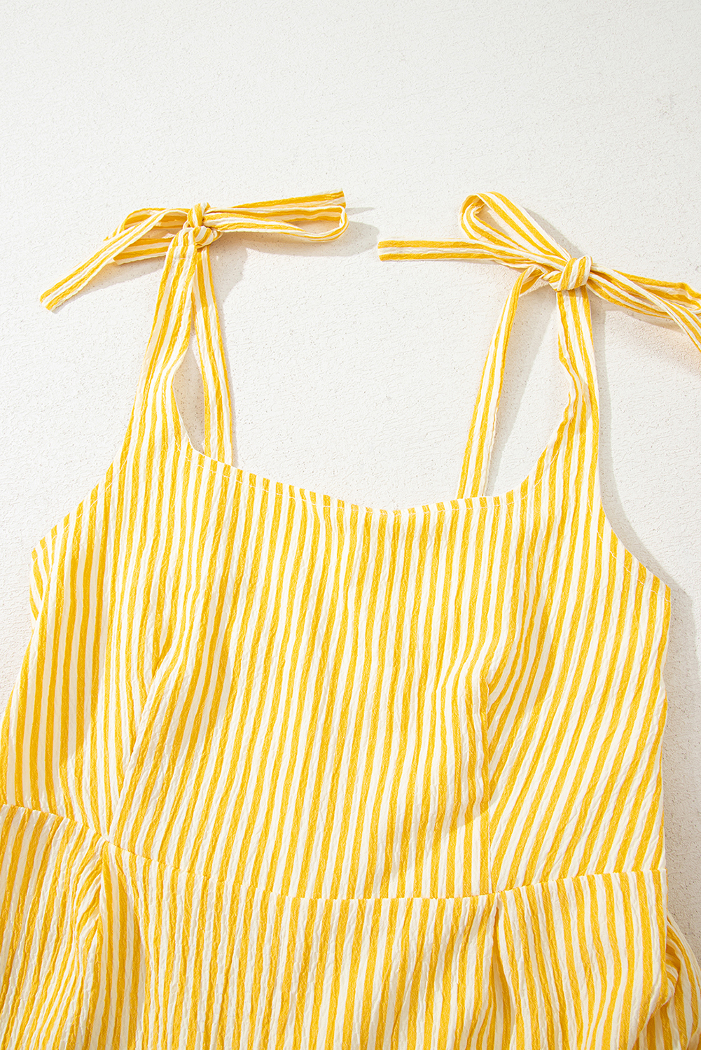 Yellow Stripe Shoulder Tie Smocked Back Wide Leg Casual Romper - loveforevers