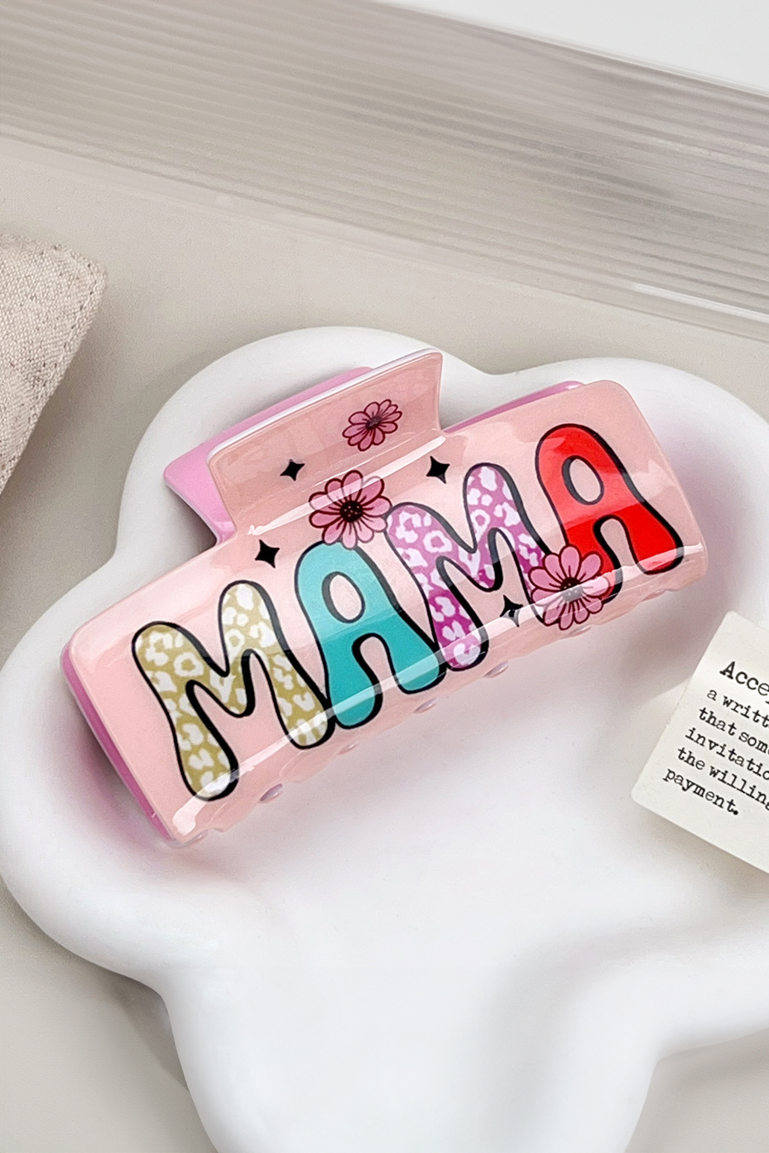 Pink MAMA Flower Printed Acrylic Large Square Hair Claw Clip - loveforevers