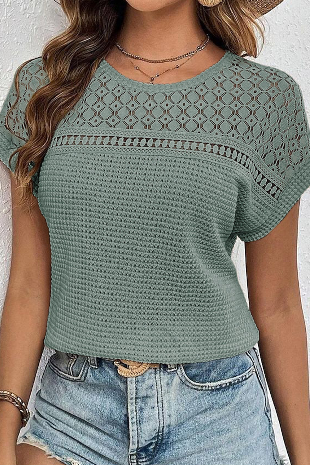 Mist Green Lace Patchwork Waffle Short Sleeve Top - loveforevers