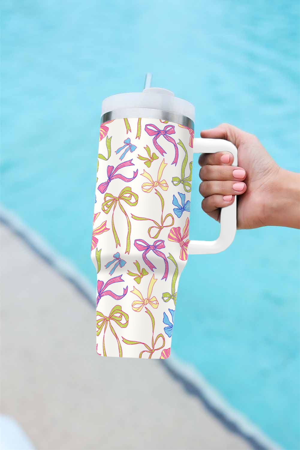 White Bow Knot Print Large Stainless Steel Vacuum Cup 40oz - loveforevers