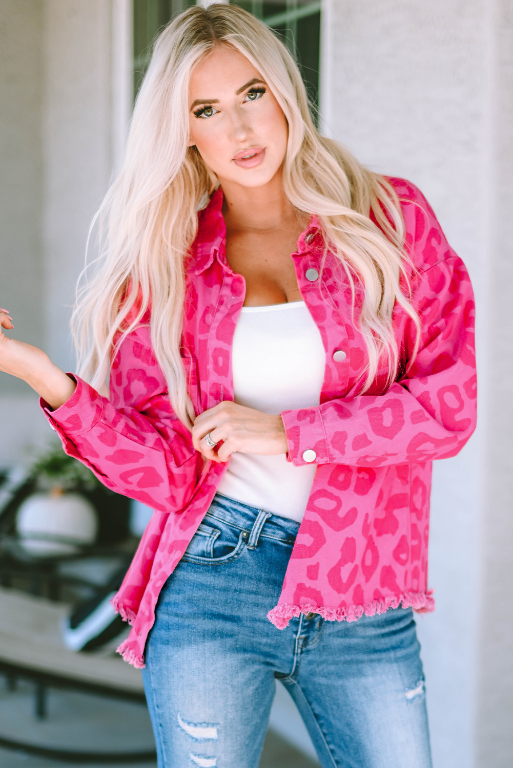 Pink Leopard Print Button Cuffs Raw Hem Jacket - loveforevers