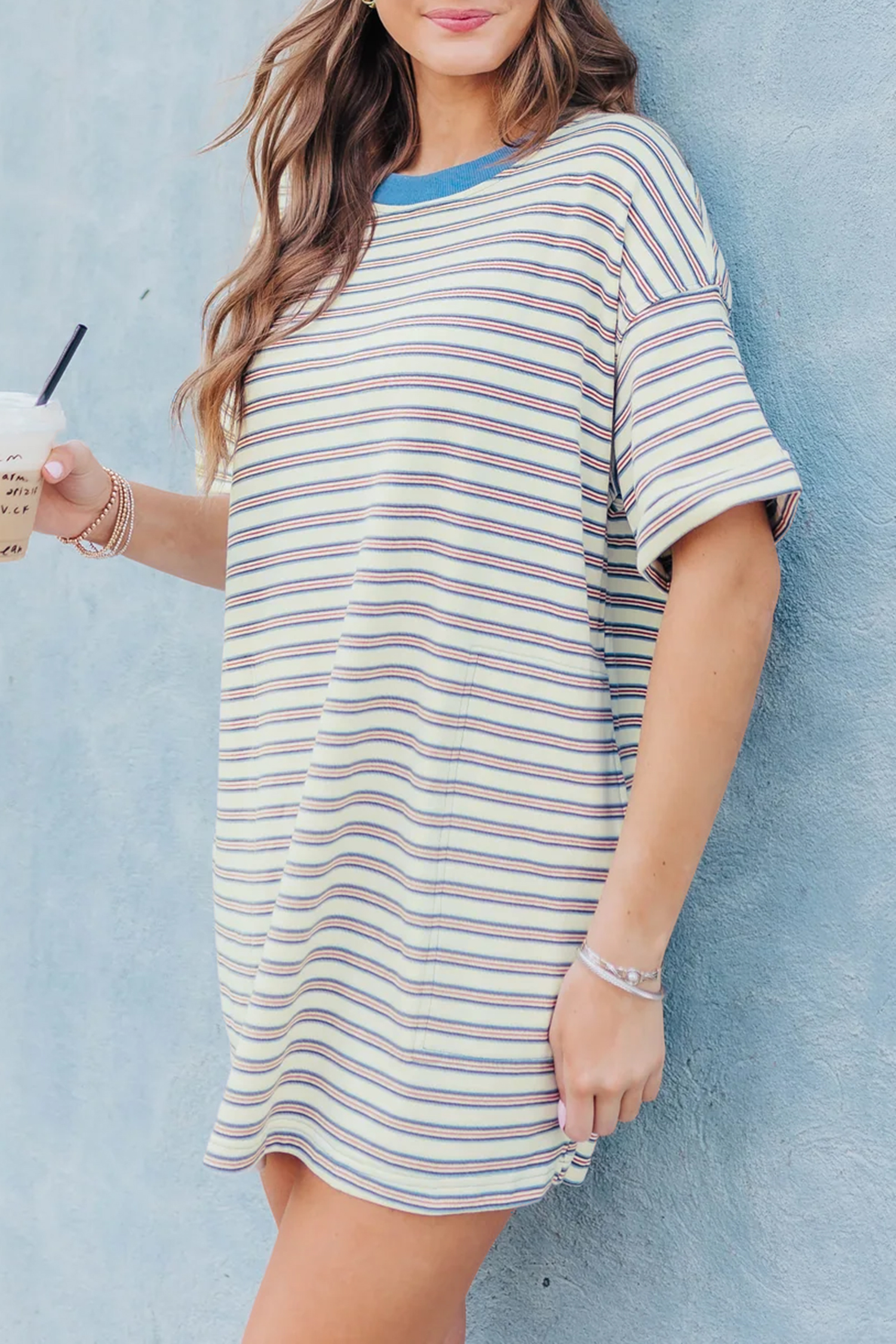 White Stripe Drop Shoulder Cuffed Sleeve Loose Tunic T Shirt Mini Dress - loveforevers