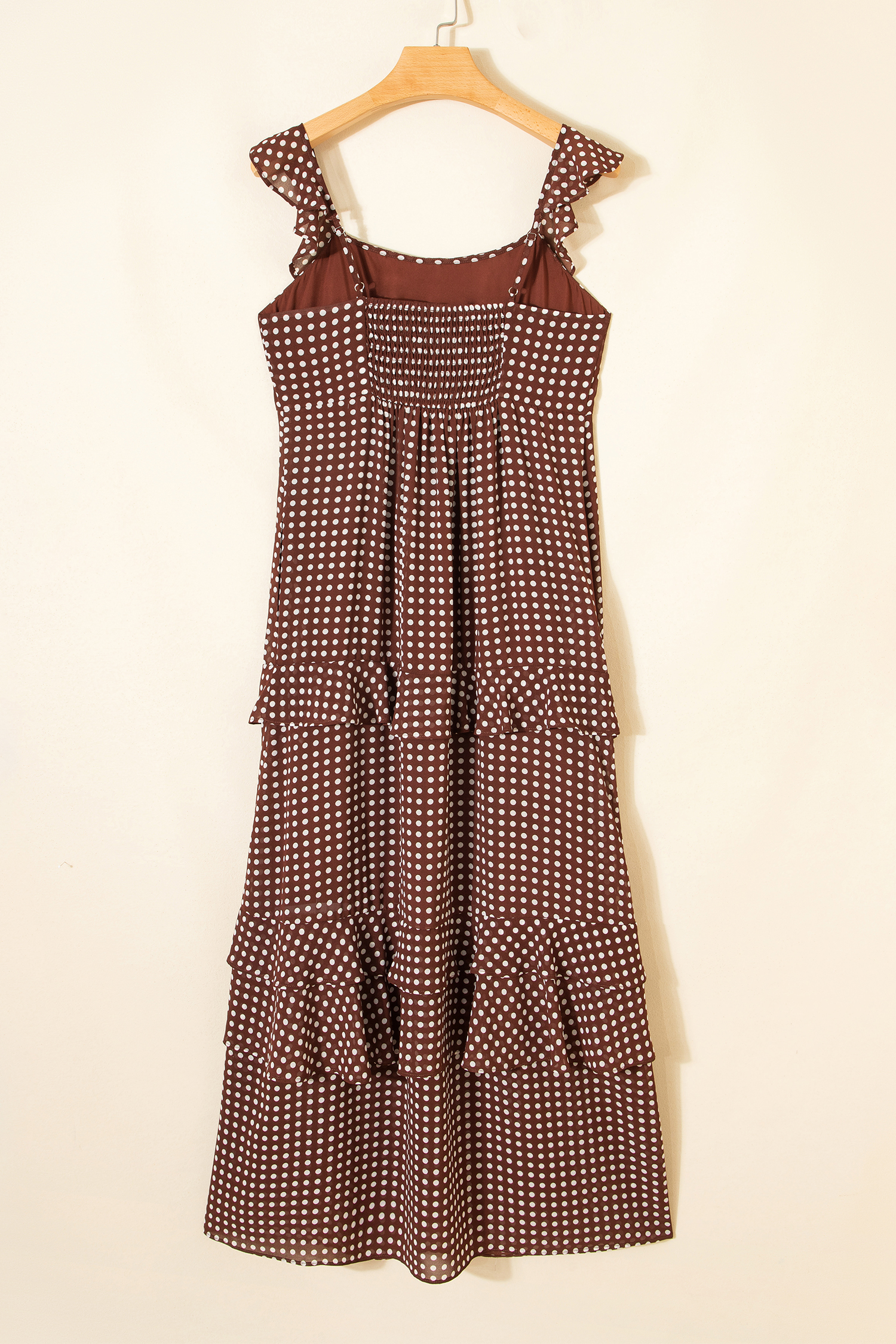 Coffee Polka Dot Print Backless Ruffled Tiered Maxi Dress - loveforevers