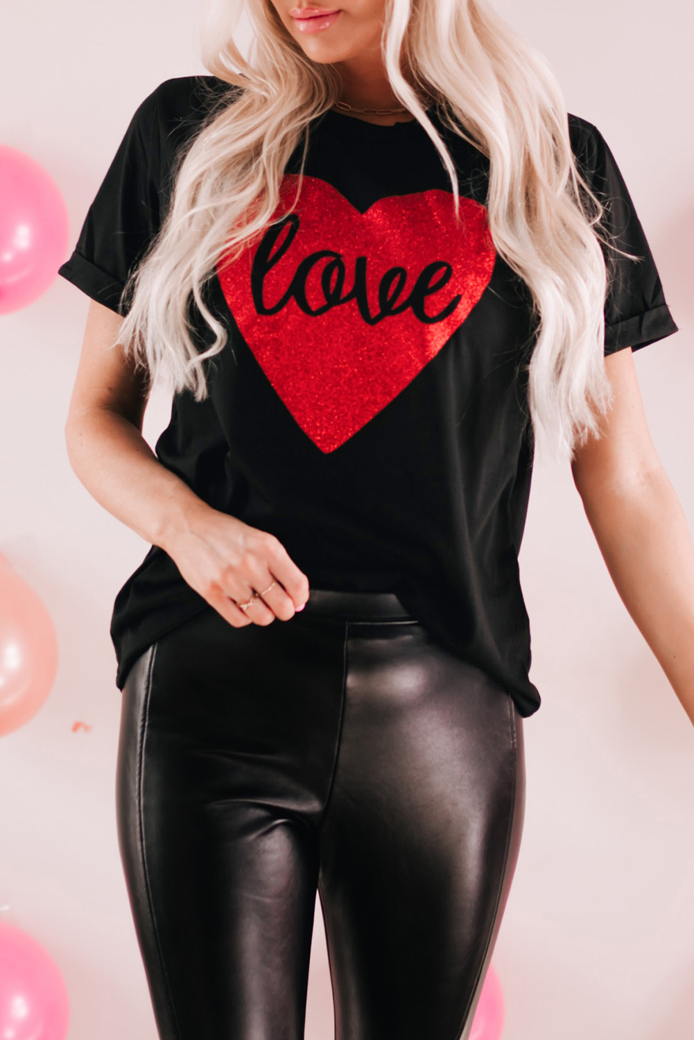Black Love Heart Shaped Glitter Print T Shirt - loveforevers