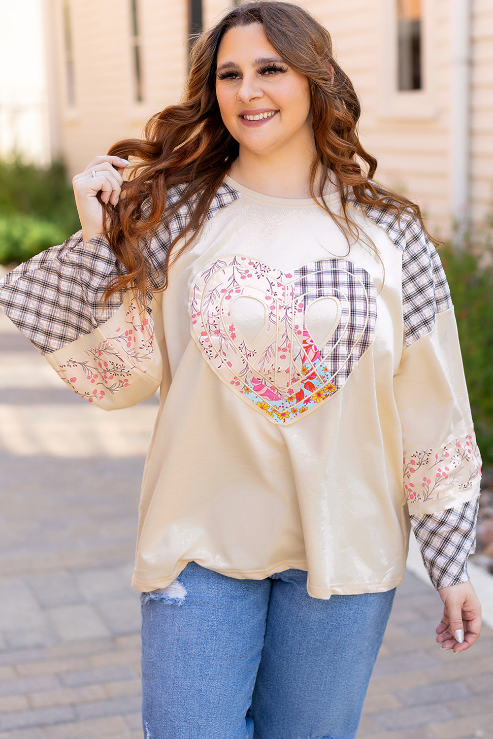 Beige Flower Patch Graphic Exposed Seam Wide Sleeve Top - loveforevers