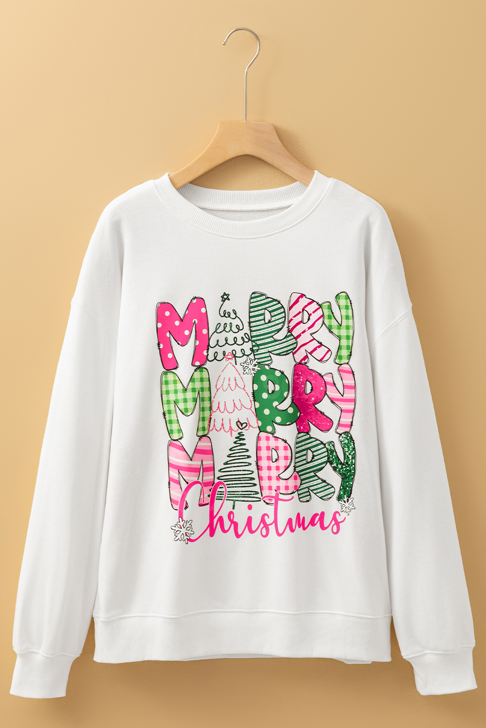 Beige MERRY Christmas Printed Drop Shoulder Pullover Sweatshirt - loveforevers