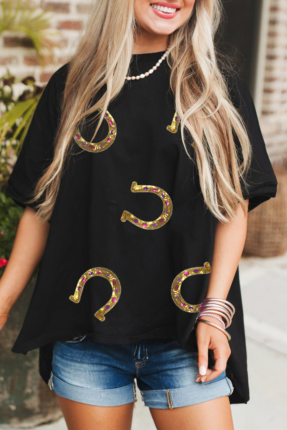 Black Western Shiny Horseshoes Pattern High Low Hem Casual T Shirt - loveforevers