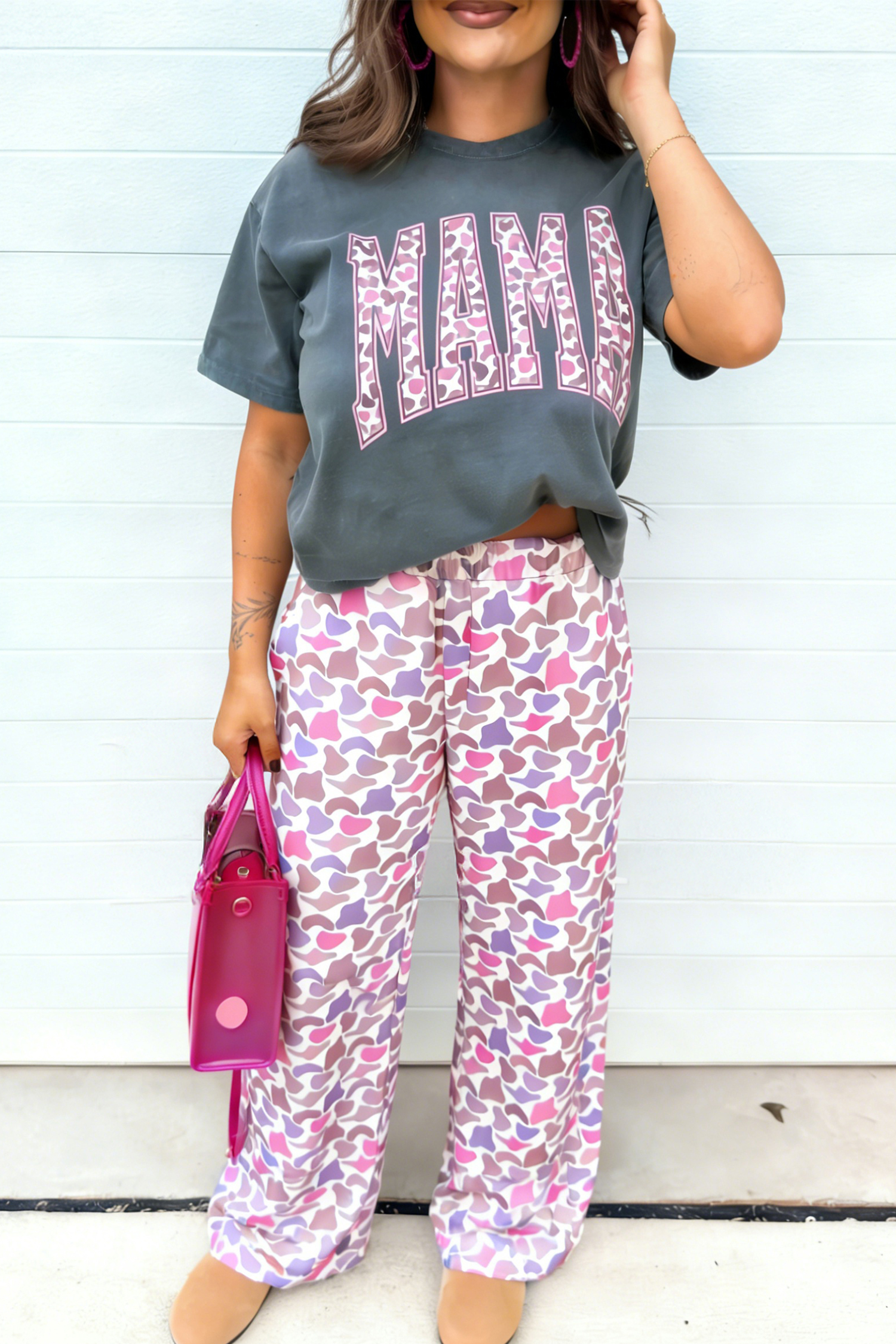 Medium Grey MAMA Letter Graphic Tee Camouflage Print Loose Pant Set - loveforevers