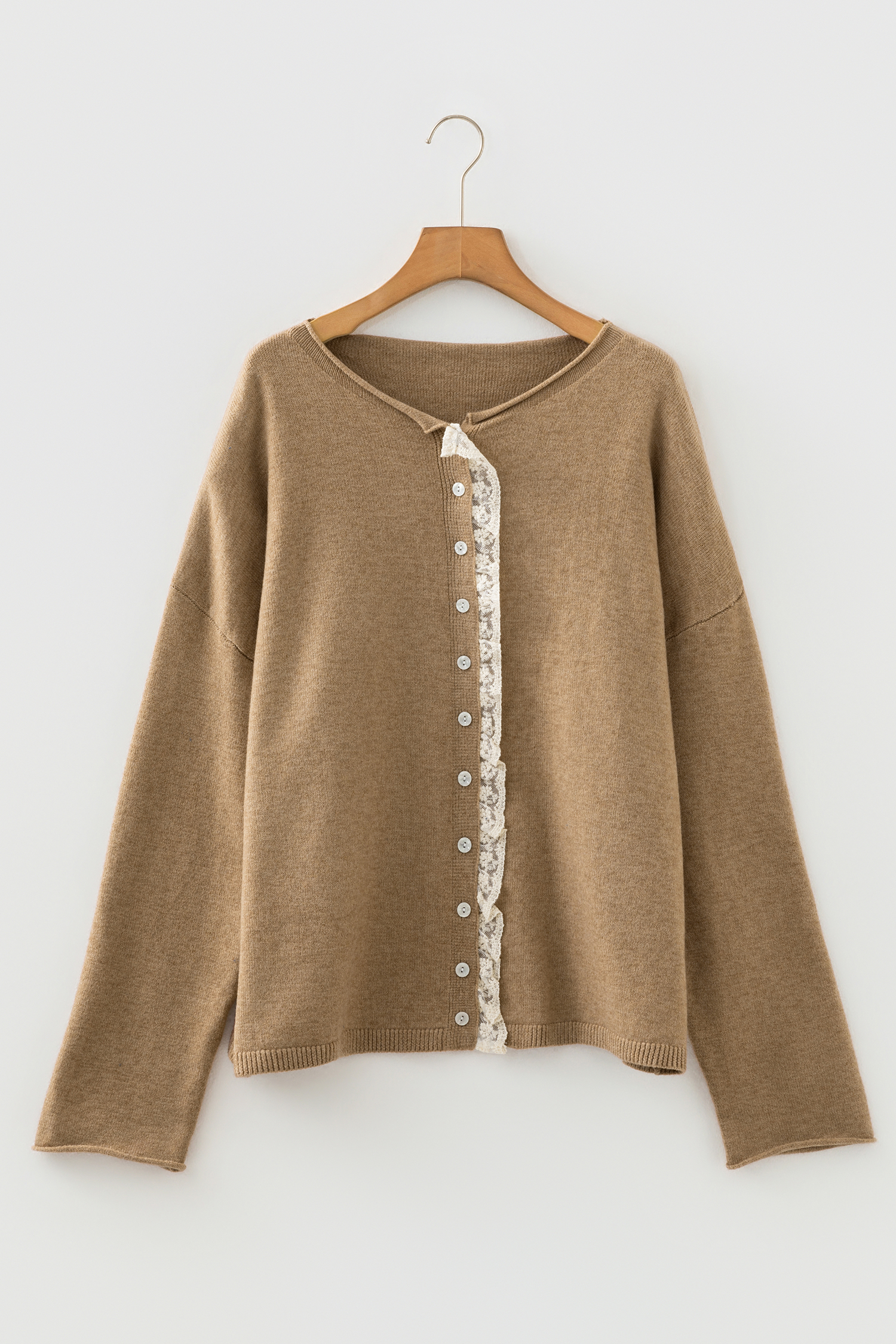 Simply Taupe Contrast Frilled Lace Trim Loose Cardigan Sweater - loveforevers