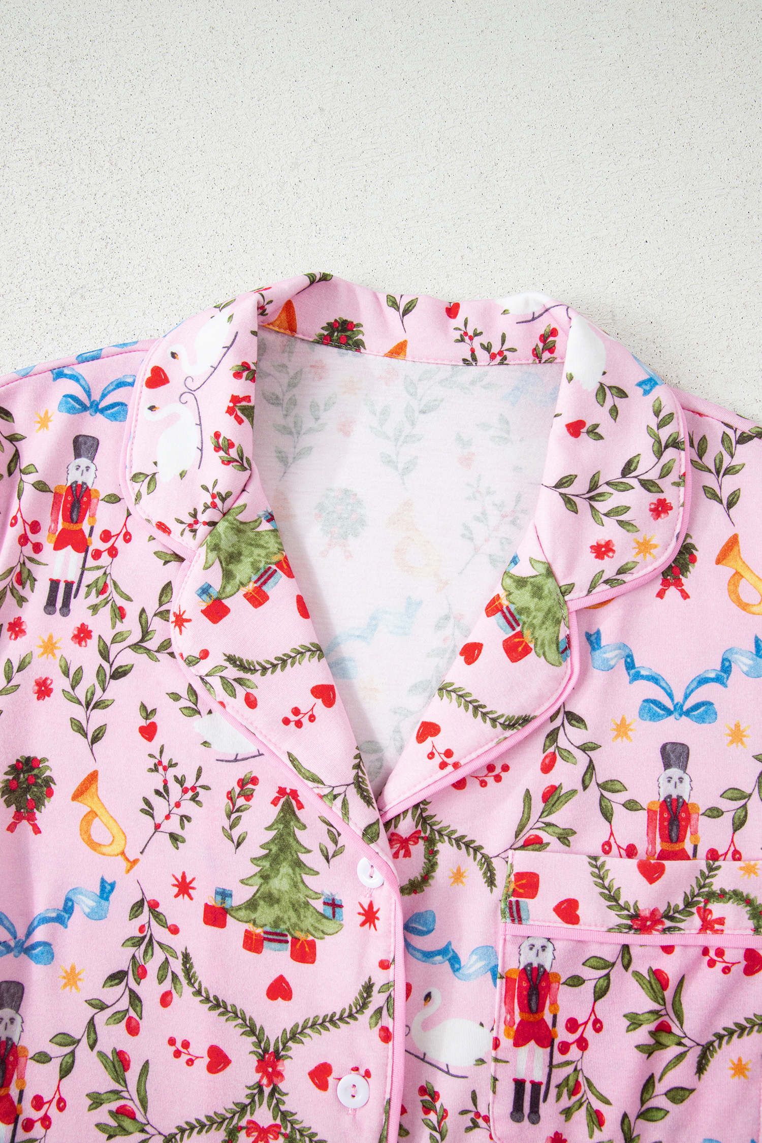Pink Nutcracker Doll Christmas Print Ribbon Tie Waist Short 2pcs Pajama Set - loveforevers