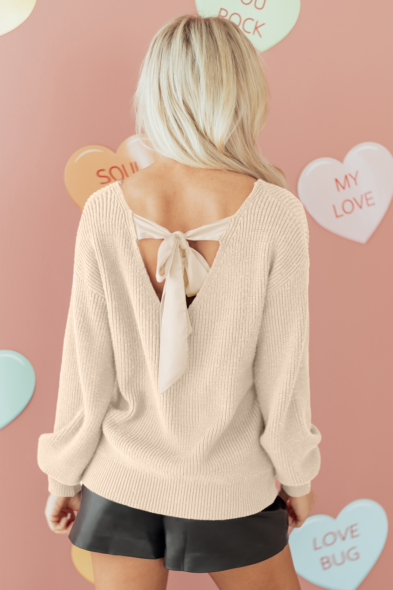 Black Ribbed Knit Ribbon Knot Backless Drop Shoulder Sweater - loveforevers