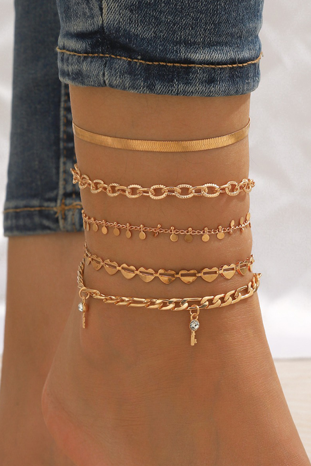 Gold Sweet Heart Rhinestone Dangle 5-piece Anklets - loveforevers