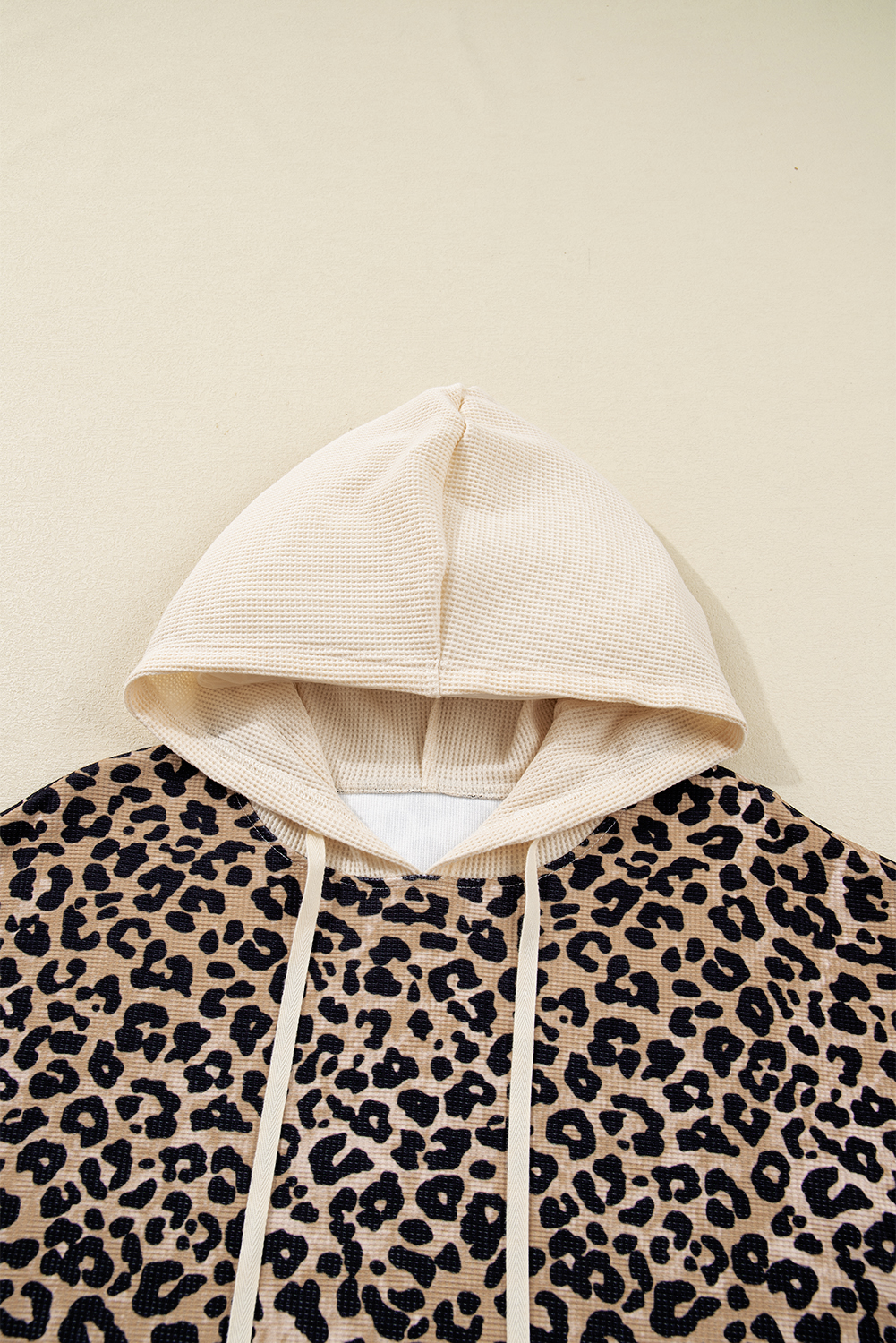 Leopard Print Waffle Contrast Kangaroo Pocket Hooded Sweatshirt - loveforevers