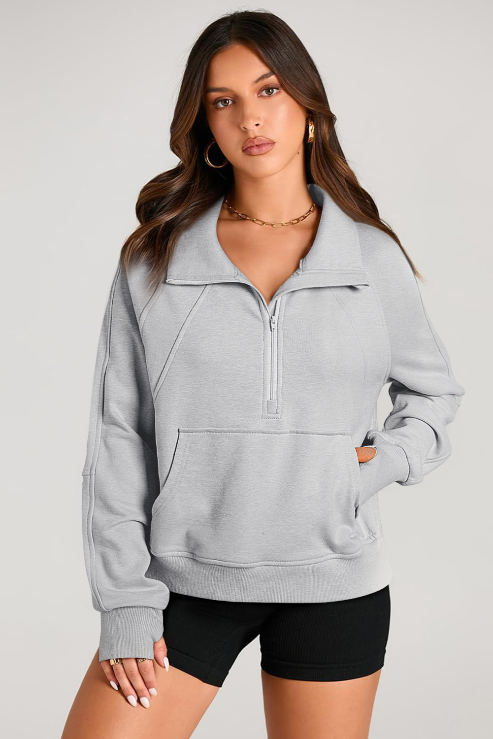 Aruba Blue Quarter Zip Stand Neck Kangaroo Pocket Sweatshirt - loveforevers