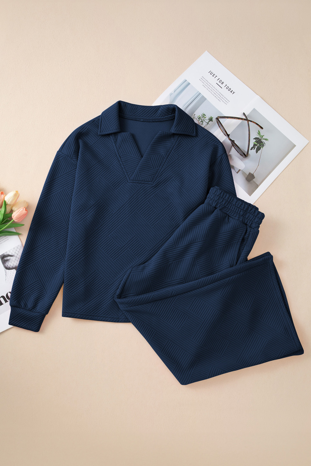 Sail Blue Solid Textured Collared V Neck Top and Wide Leg Pants Set - loveforevers